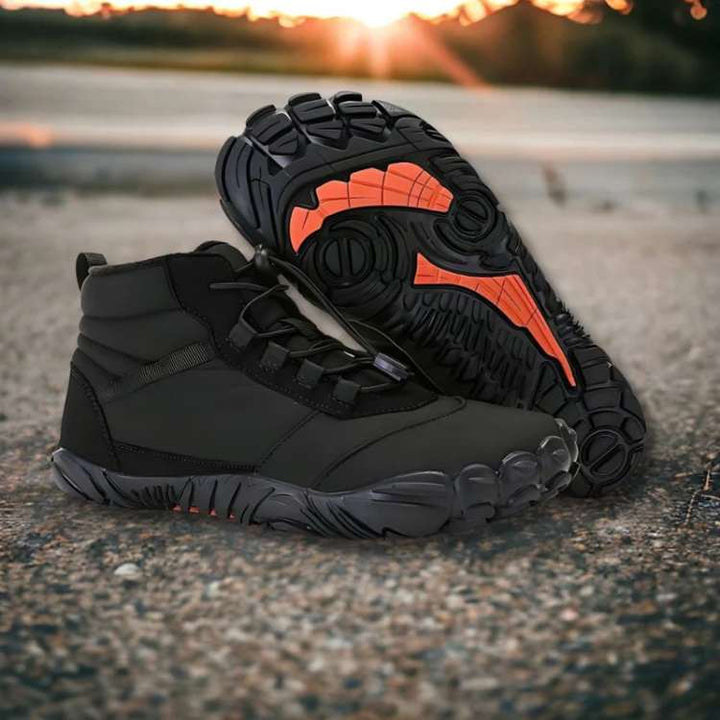 Unisex high-top barefoot trail shoes, black, with flexible sole for minimalist hiking