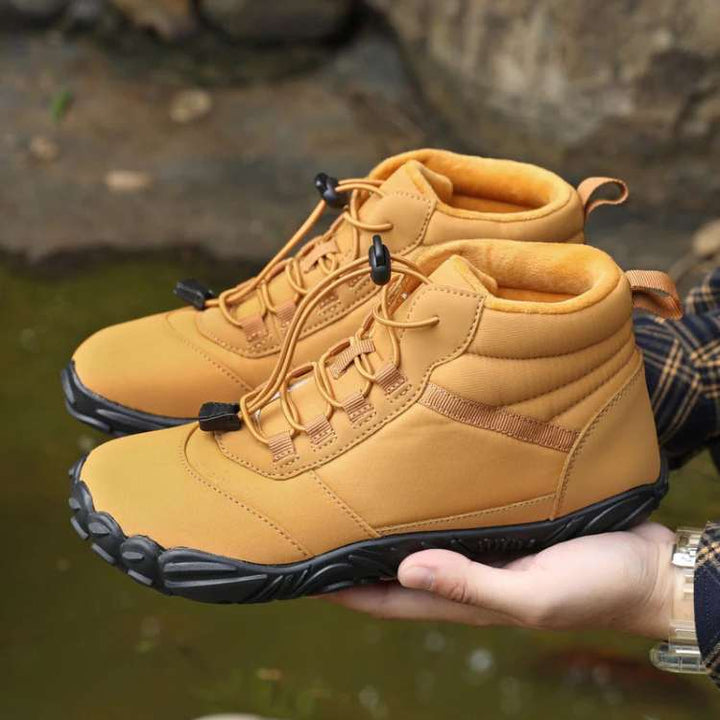 Pair of unisex high-top barefoot trail shoes showing breathable mesh and durable toe cap