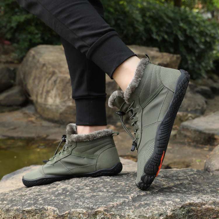 Pair of unisex minimalist high-top barefoot shoes, gray, designed for walking and natural foot comfort