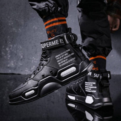 Unisex high top MTB cycling shoes, black with red accents, waterproof, for outdoor adventure