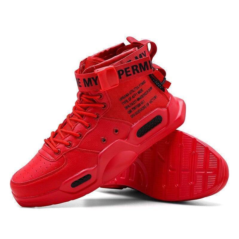 Pair of black and red high top MTB shoes, waterproof cycling footwear for sport and adventure
