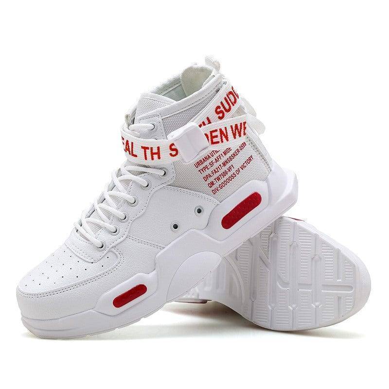 Close-up of high top MTB cycling shoe, black material, red sole, robust and waterproof
