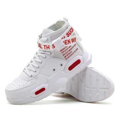 Close-up of high top MTB cycling shoe, black material, red sole, robust and waterproof