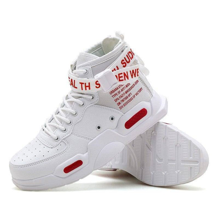 Close-up of high top MTB cycling shoe, black material, red sole, robust and waterproof