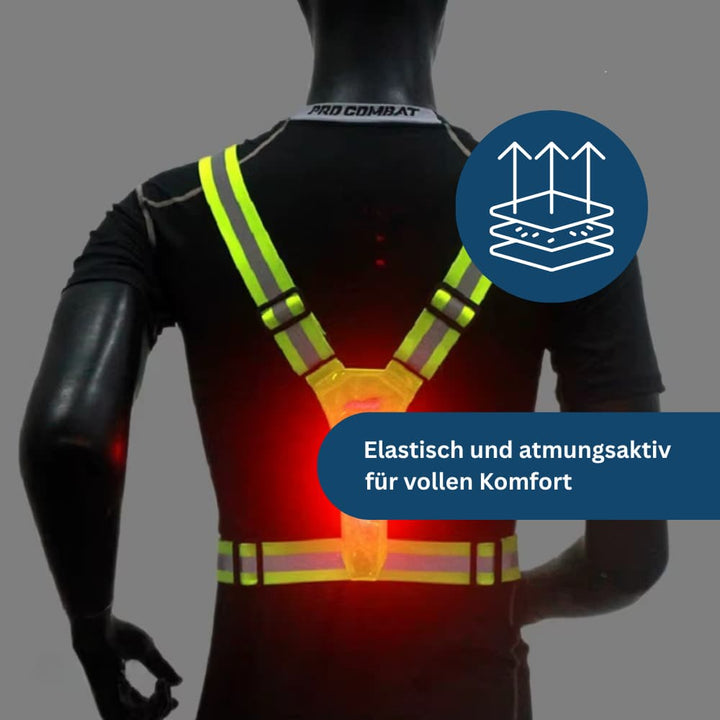 Unisex neon high visibility vest with adjustable straps and embedded LED lights, designed for various outdoor sports