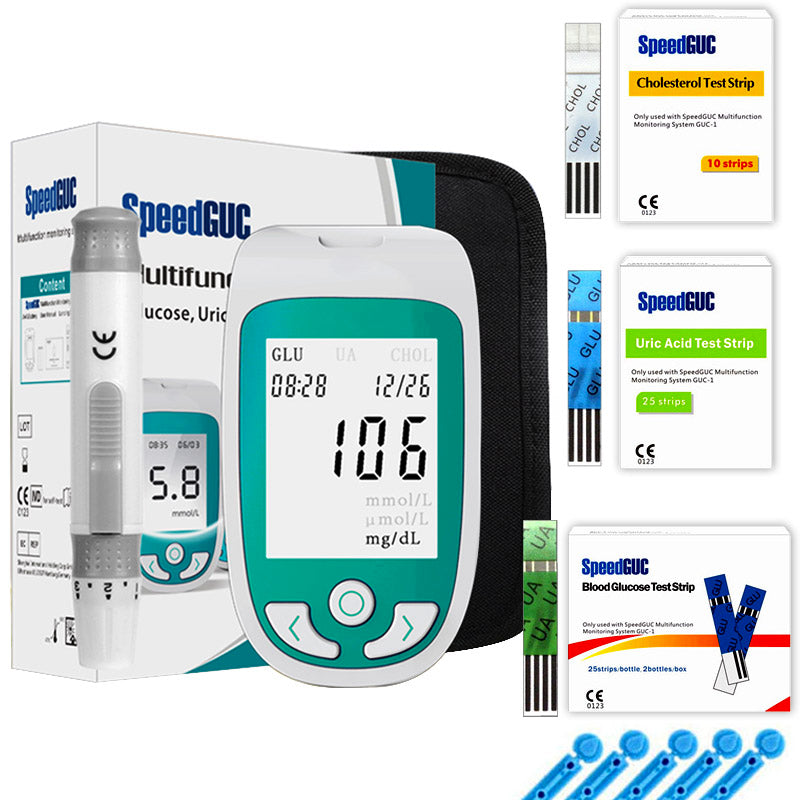 Unisex home health monitor for easy cholesterol, glucose, & uric acid blood testing. Personal health tracking.