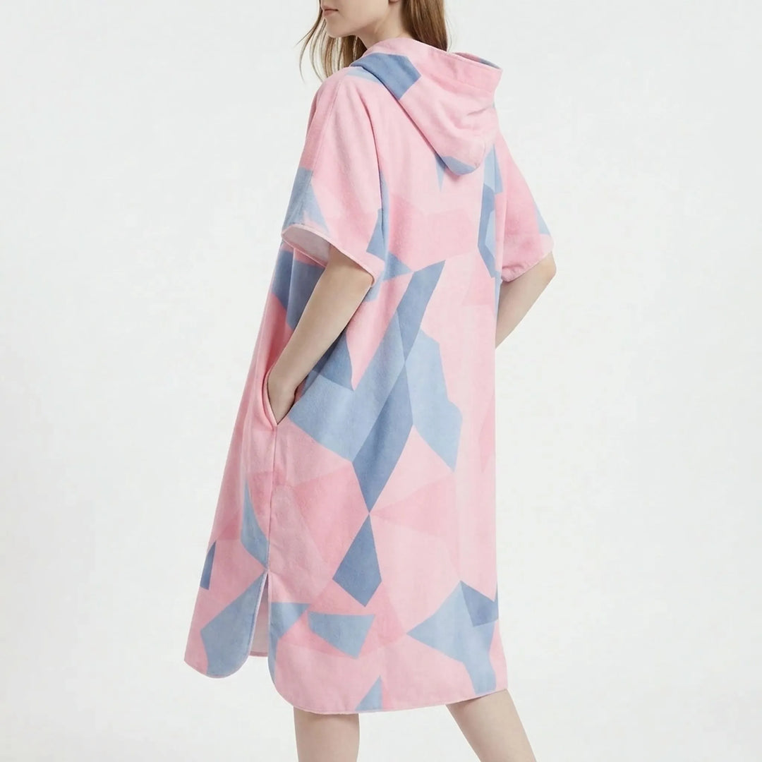 Geometric print changing robe poncho, quick dry & hooded. Perfect unisex beach cover-up or surf towel.