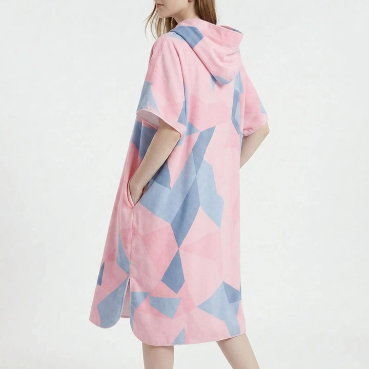 Geometric print changing robe poncho, quick dry & hooded. Perfect unisex beach cover-up or surf towel.