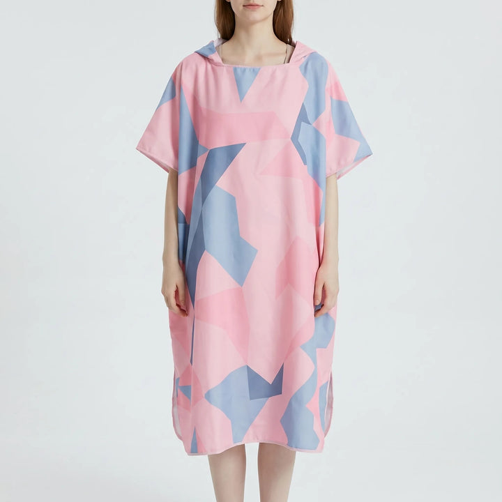 Compact quick-dry unisex changing poncho, ideal as a hooded beach cover-up for swimmers & surfers.