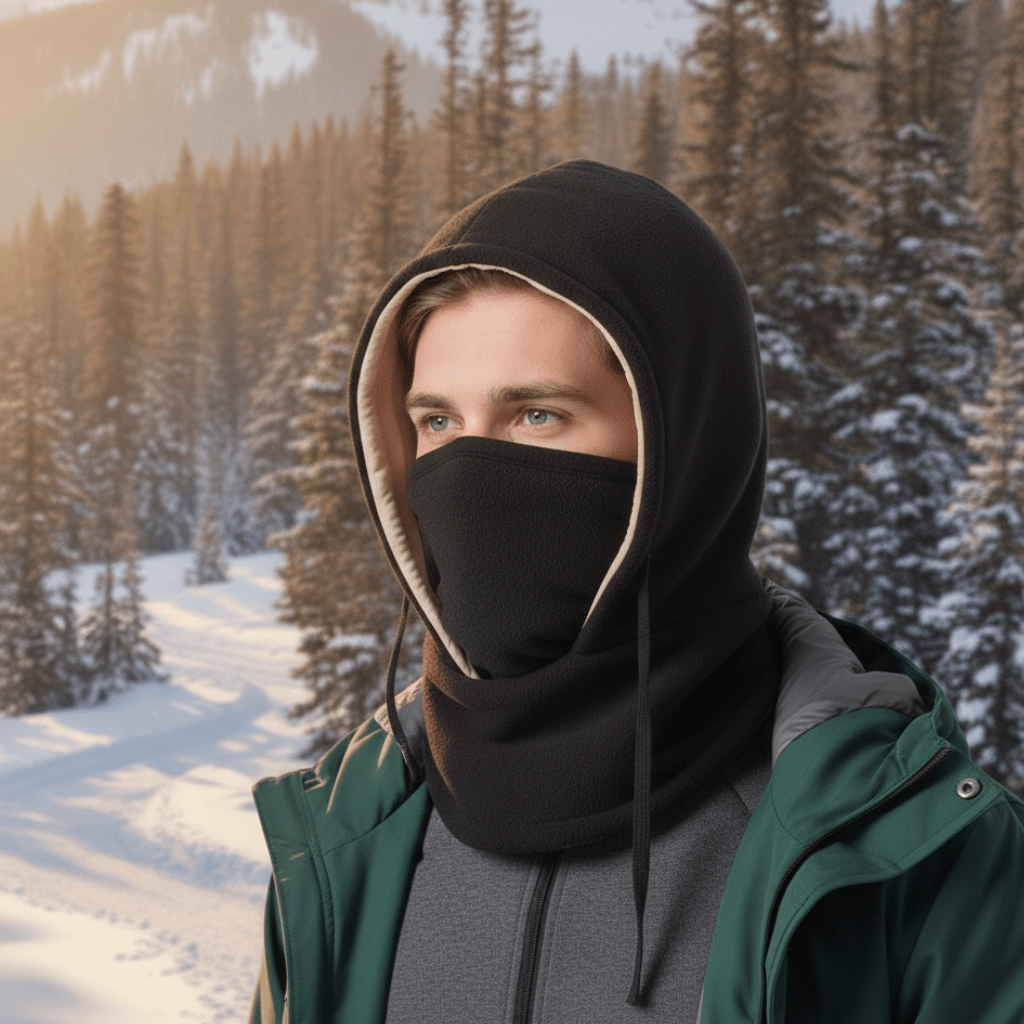Unisex hooded neck gaiter & face mask for all-weather outdoor adventures. Windproof, cold protection for winter sports.