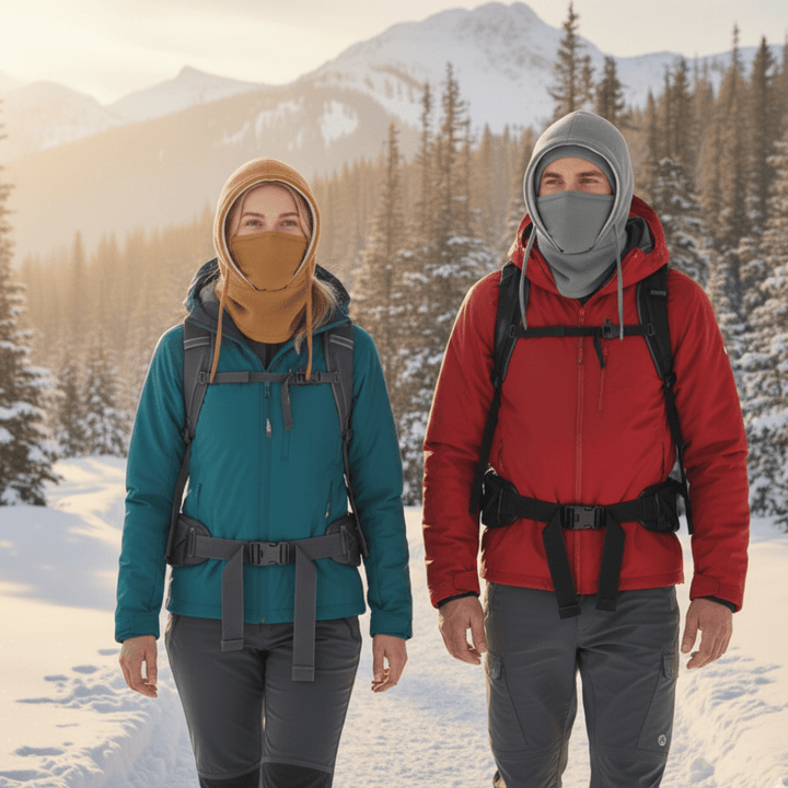 Adjustable hooded neck gaiter perfect for skiing, hiking, & cycling. Windproof all-weather cold protection.