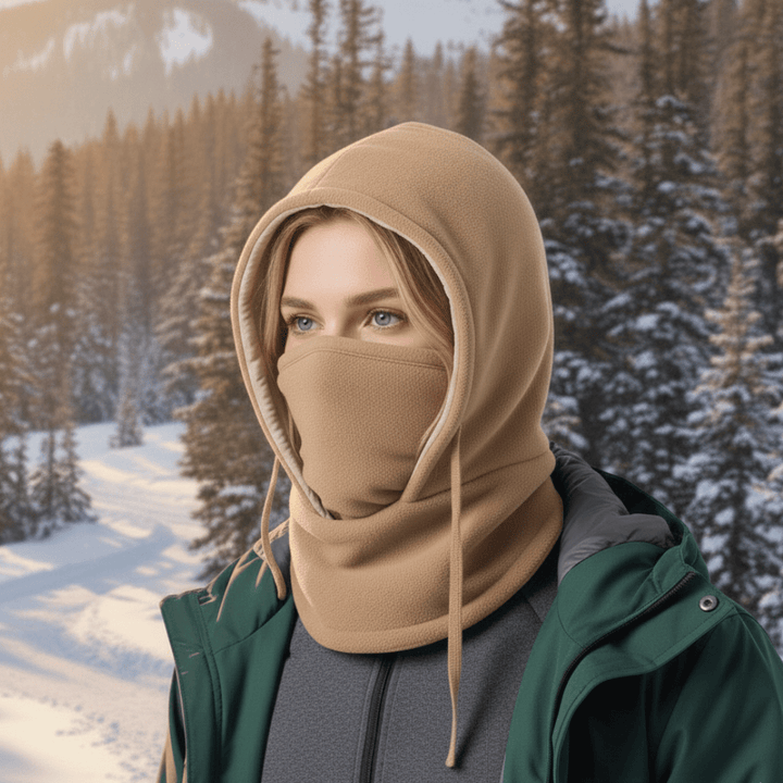 Windproof hooded neck gaiter provides ultimate cold protection for winter outdoor activities. Unisex design.