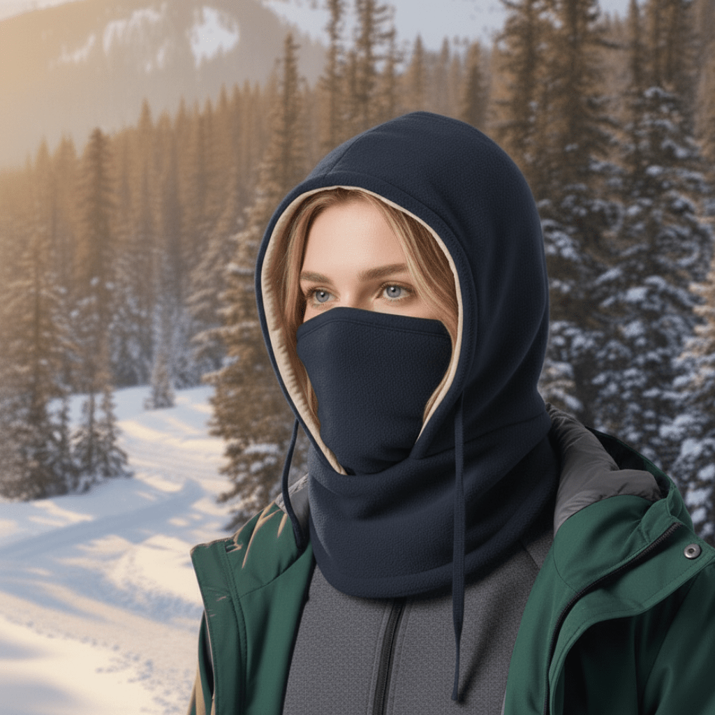 Soft, warm hooded neck gaiter. Adjustable face mask for cold weather. Unisex outdoor adventure accessory.