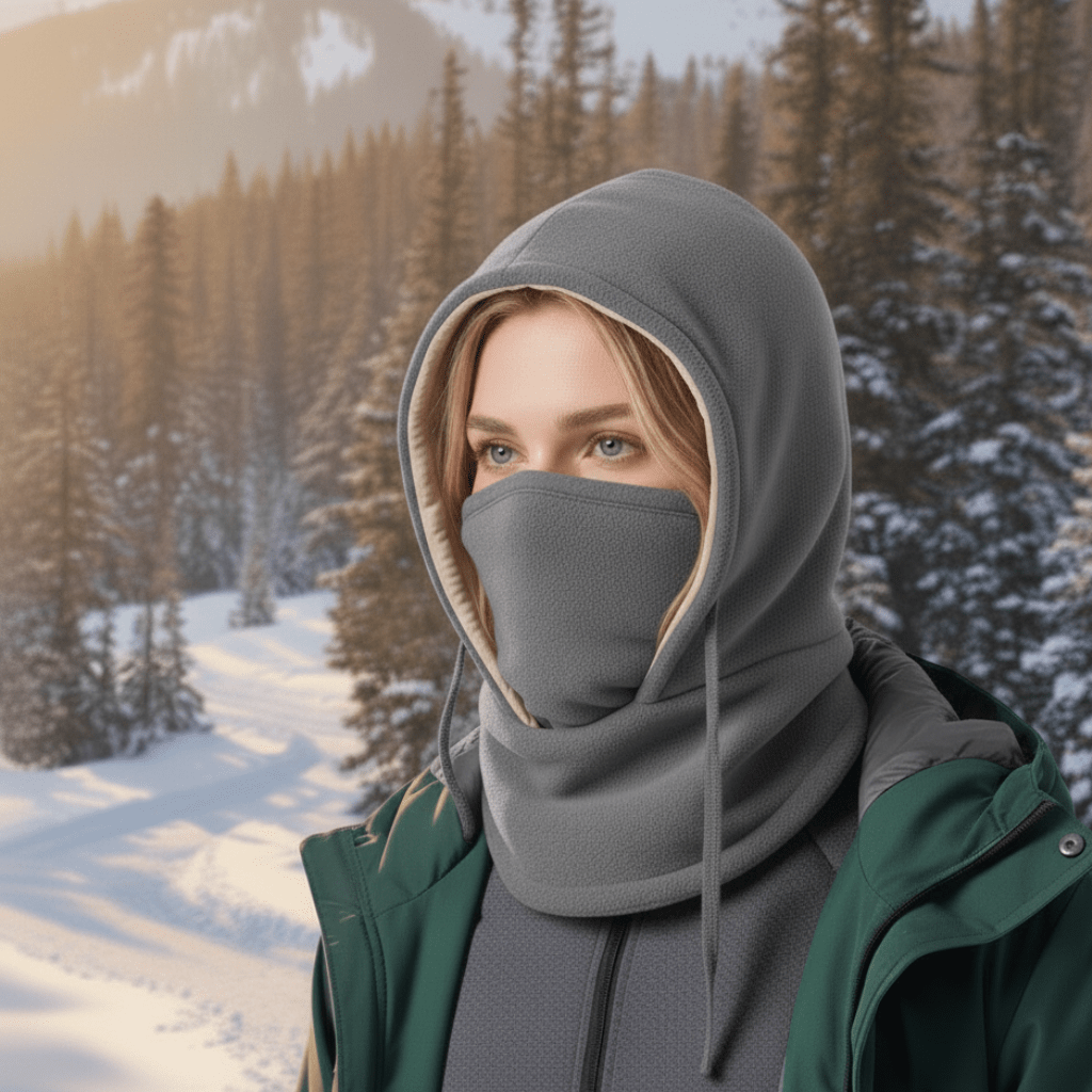 Unisex hooded neck gaiter worn by hiker. Versatile all-weather face mask for outdoor cold protection.