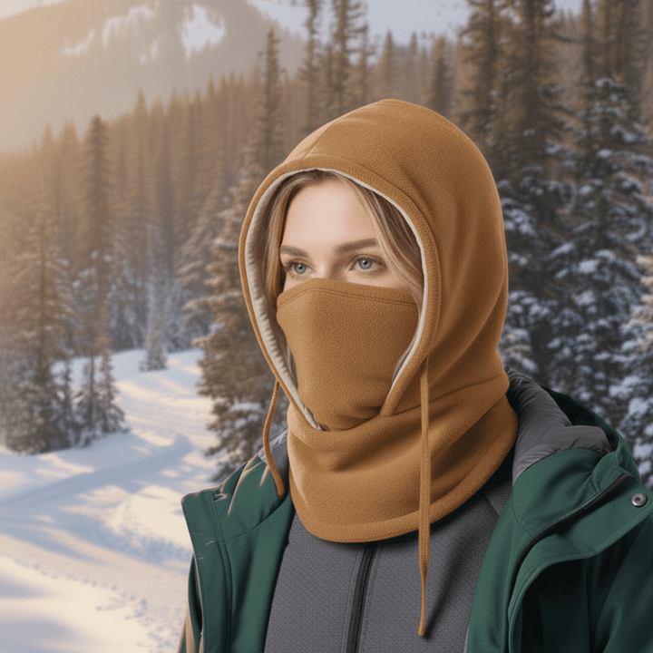 All-weather hooded neck gaiter offers windproof cold protection. Essential unisex accessory for outdoor adventures.