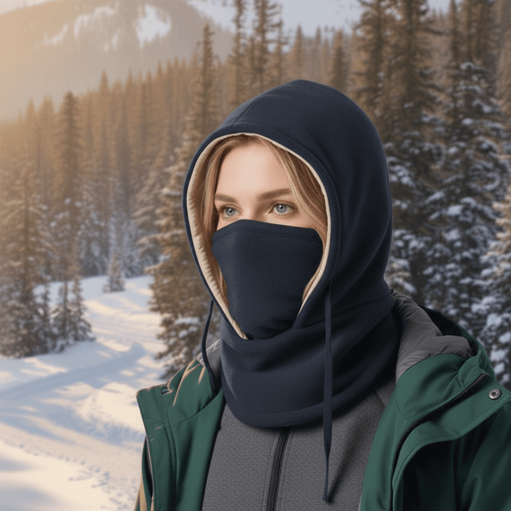 Outdoor hooded neck gaiter & face mask. Unisex design provides cold & wind protection for winter sports.