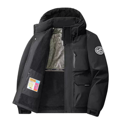 Close-up of waterproof fabric and adjustable hood on a unisex insulated coat. Durable all-weather outerwear.