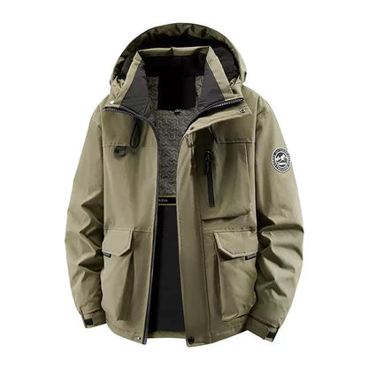 Unisex hooded waterproof coat styled for everyday wear. Versatile insulated jacket for staying dry and warm.