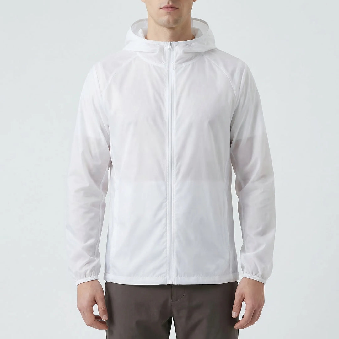 Functional unisex hooded windbreaker. Water-resistant travel jacket for camping, fishing, and outdoor trails.