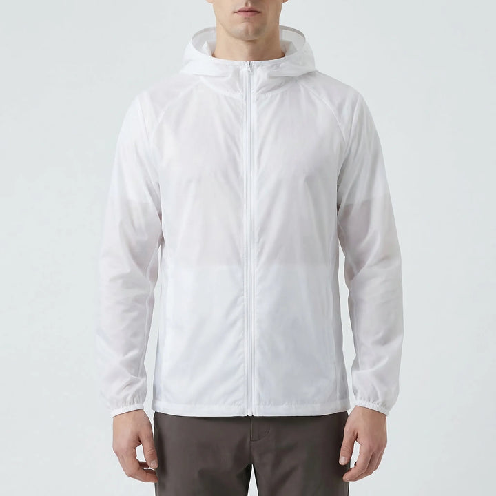 Functional unisex hooded windbreaker. Water-resistant travel jacket for camping, fishing, and outdoor trails.