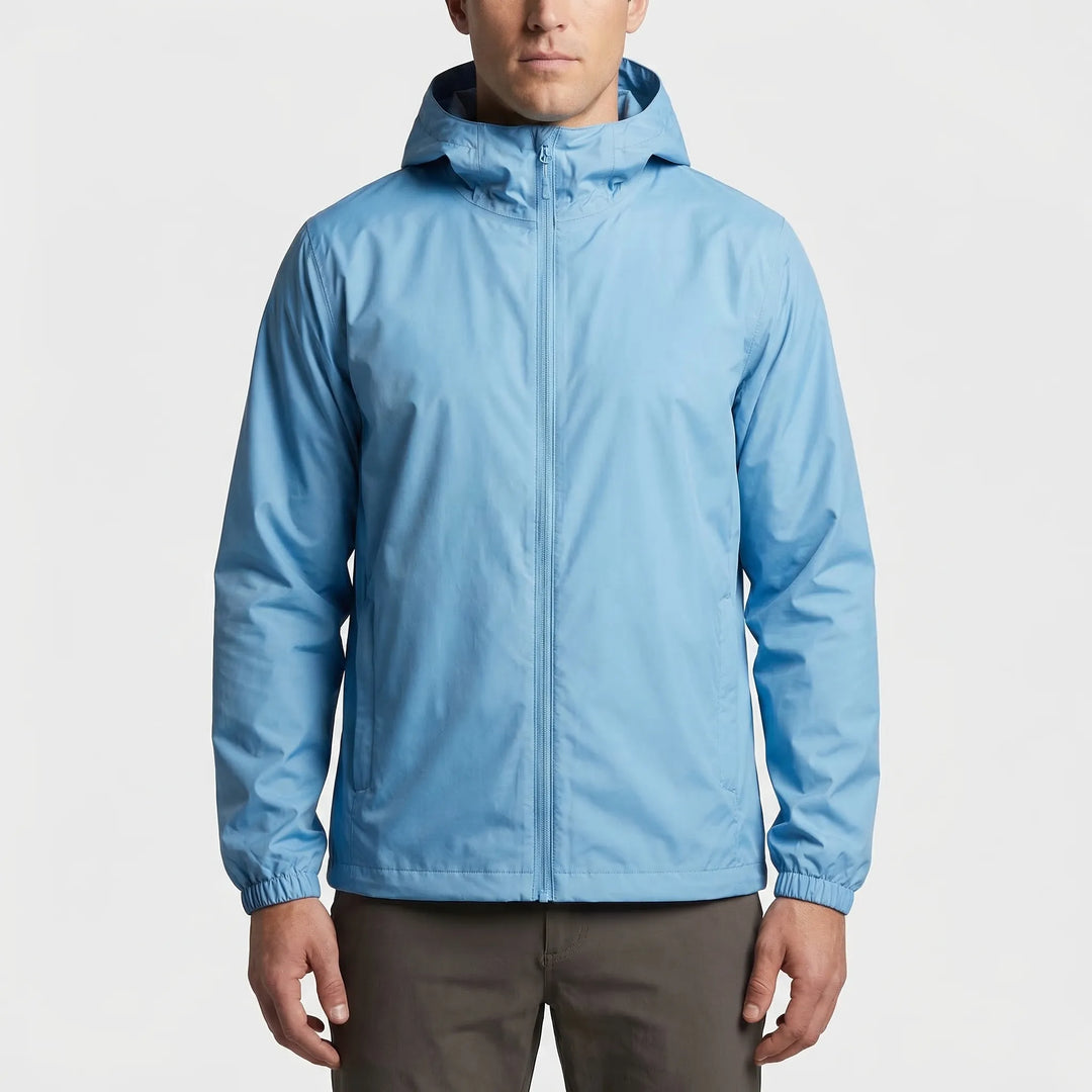 Lightweight unisex hooded windbreaker. Ideal for outdoor trails, hiking, and camping. Water-resistant travel jacket.