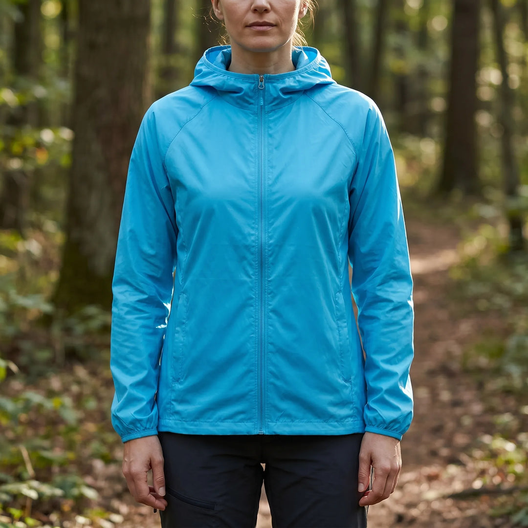 Athletic unisex trailcoat with hood. Water-resistant windbreaker jacket for outdoor trails and active lifestyles.