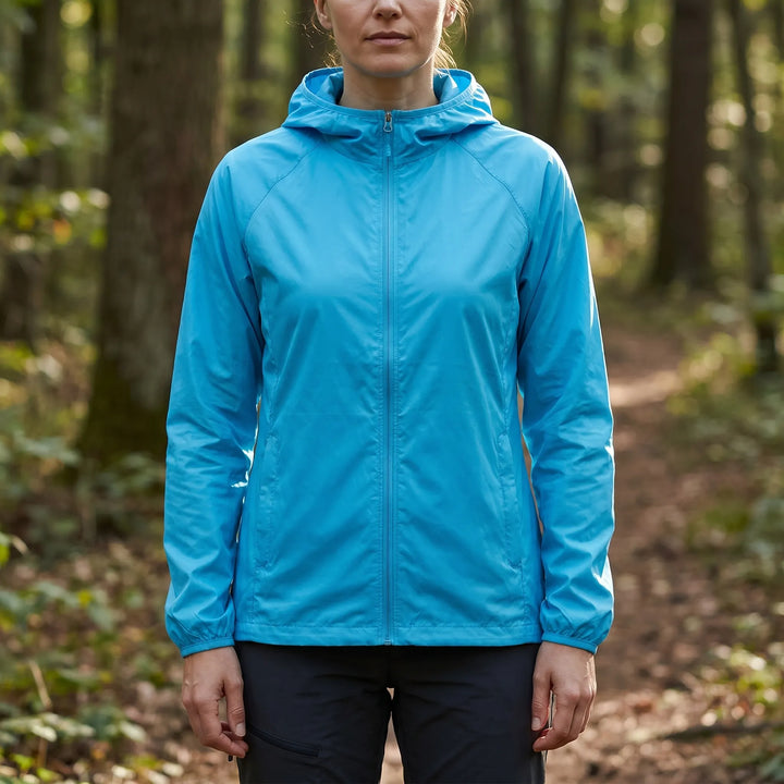 Athletic unisex trailcoat with hood. Water-resistant windbreaker jacket for outdoor trails and active lifestyles.