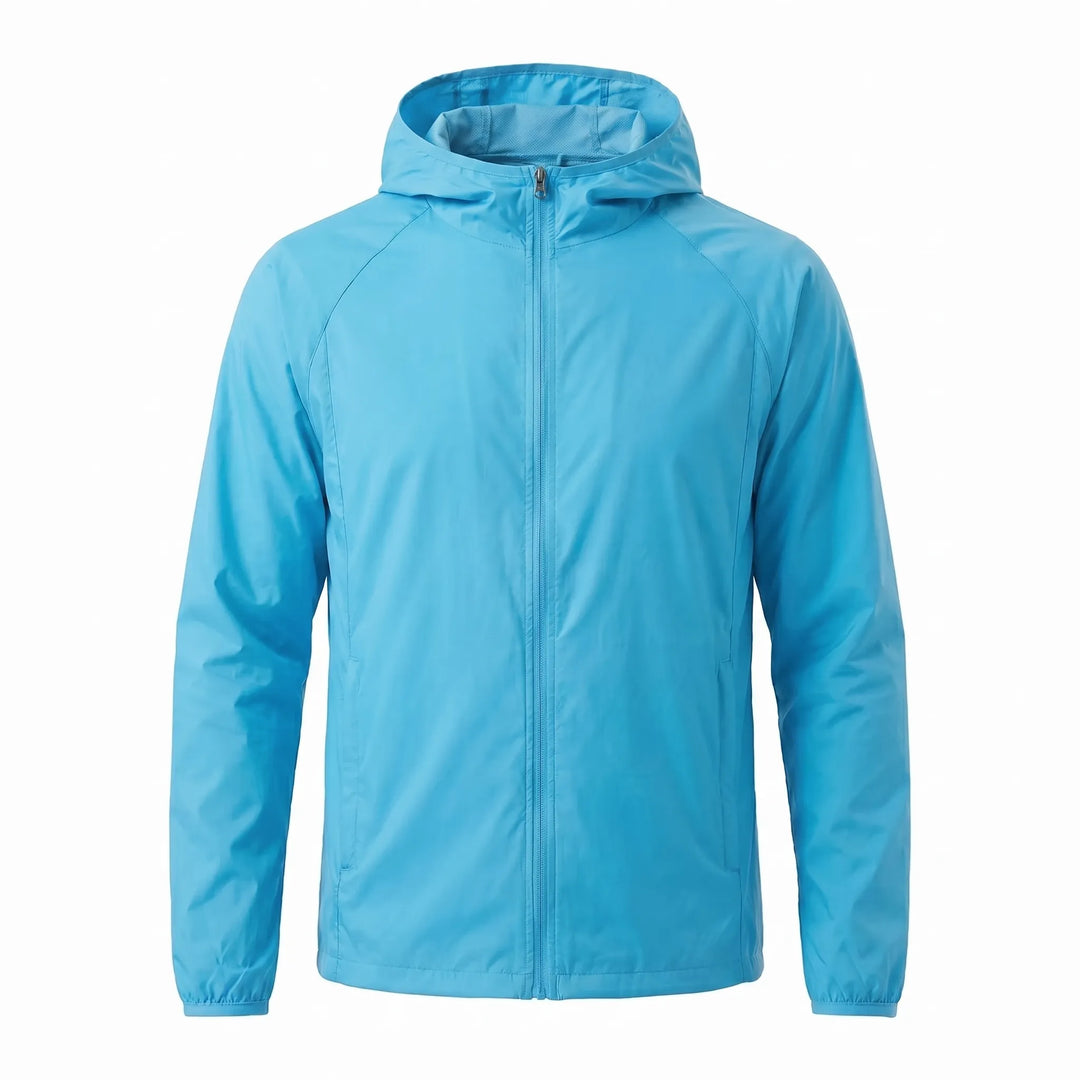 Stylish unisex hooded windbreaker jacket. Water-resistant & lightweight, ideal for outdoor trails & active adventures.