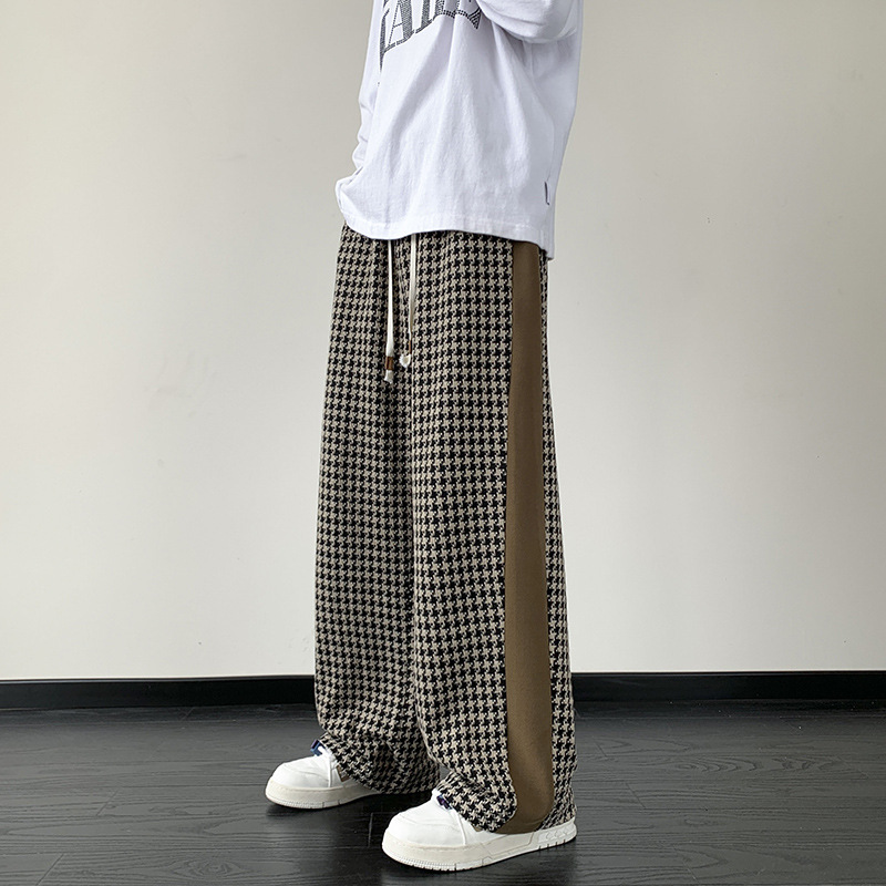 Stylish grid houndstooth print sweatpants, unisex wide-leg design in black/brown for casual & lounge wear.