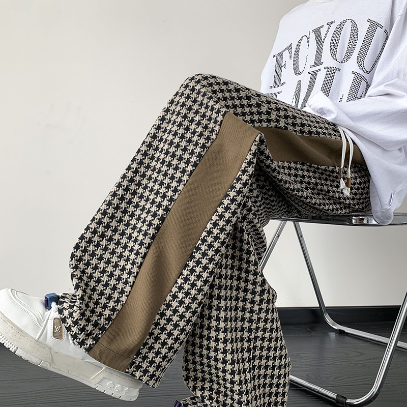 Modern unisex wide-leg houndstooth grid print lounge pants in versatile black and brown tones.