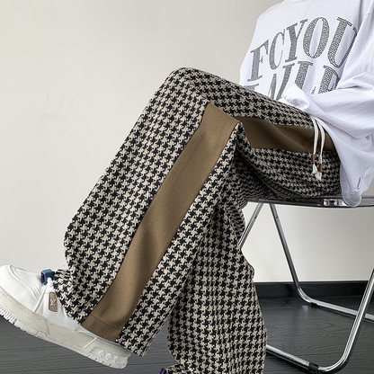 Modern unisex wide-leg houndstooth grid print lounge pants in versatile black and brown tones.