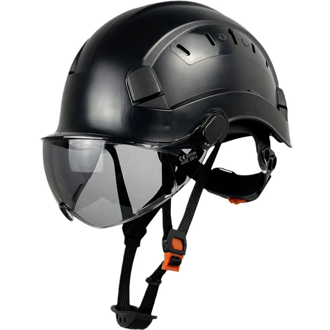 Unisex industrial safety helmet with integrated goggles & visor for construction site PPE.