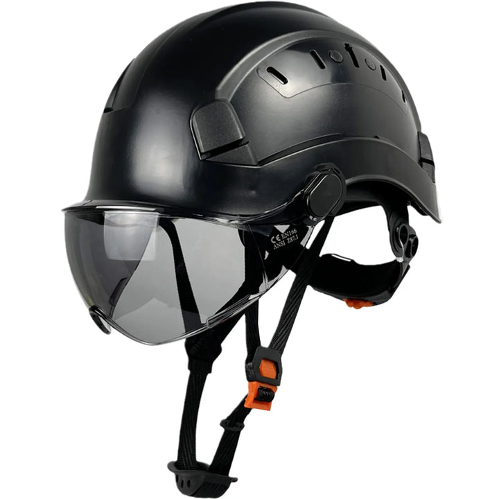 Unisex industrial safety helmet with integrated goggles & visor for construction site PPE.