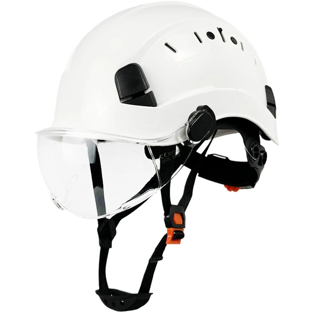 Protective PPE gear: industrial safety helmet with integrated goggles, visor & face shield for work safety.
