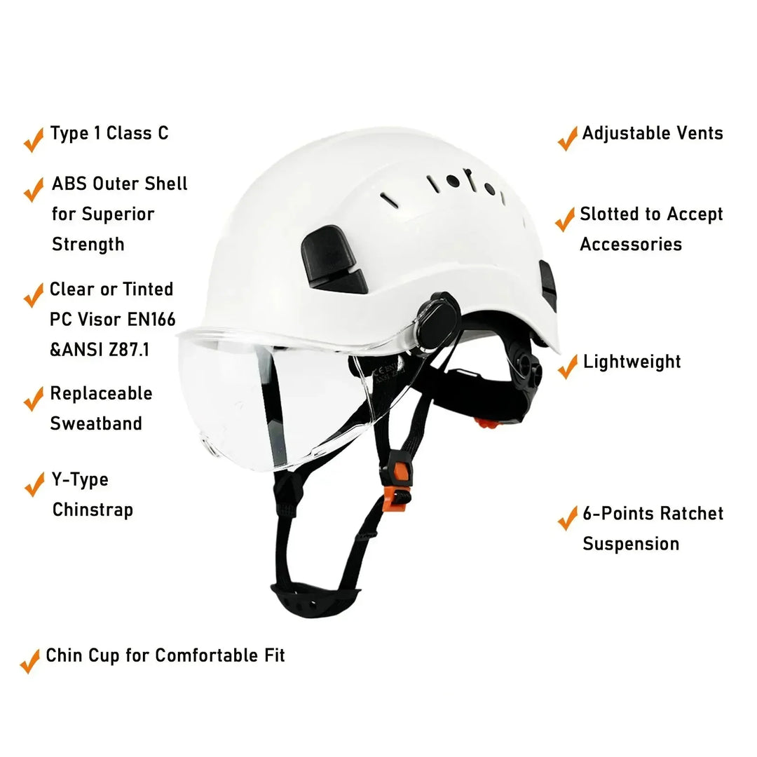 ANSI certified industrial safety hard hat with durable protection, integrated goggles & face shield.