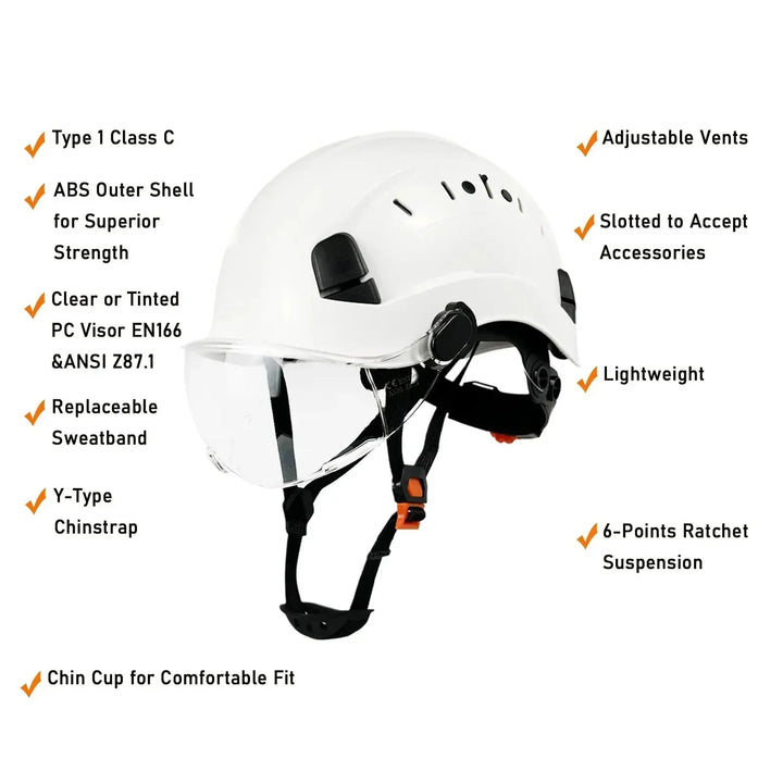 ANSI certified industrial safety hard hat with durable protection, integrated goggles & face shield.