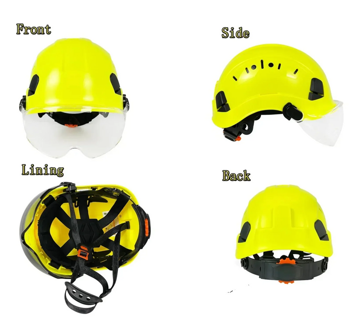 Full-face PPE safety helmet, integrated goggles & visor. Essential for industrial work & job site safety.
