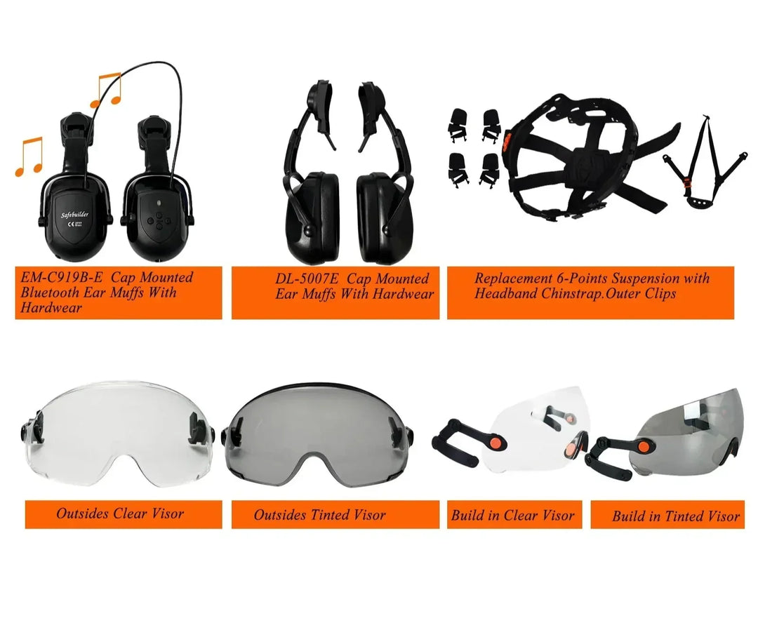 High visibility industrial safety helmet, integrated protective eyewear & face shield for construction.