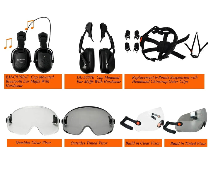 High visibility industrial safety helmet, integrated protective eyewear & face shield for construction.
