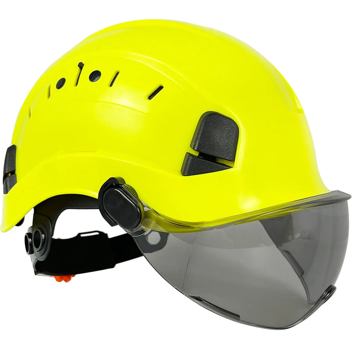 Durable industrial hard hat with integrated goggles, visor & face shield for work safety & PPE.