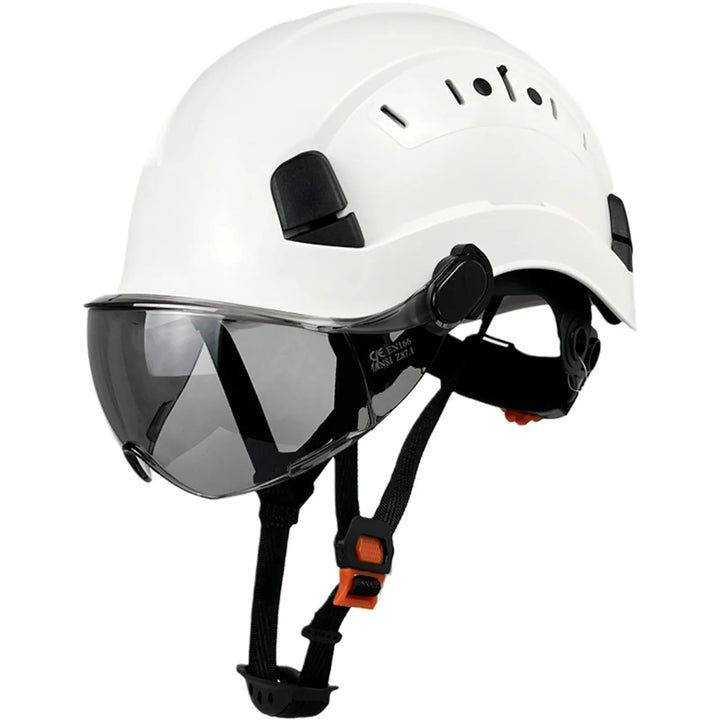 Rescue equipment: unisex industrial safety helmet with integrated protective eyewear & face shield for PPE.