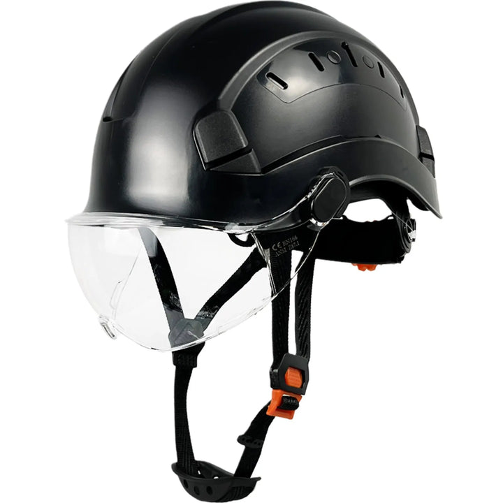 Construction gear: high visibility industrial safety helmet with integrated face shield & protective eyewear.