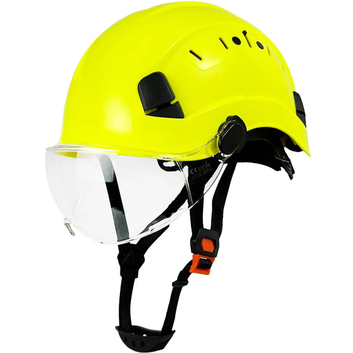 Close-up view of a durable industrial safety helmet, integrated goggles & visor for work site protection.