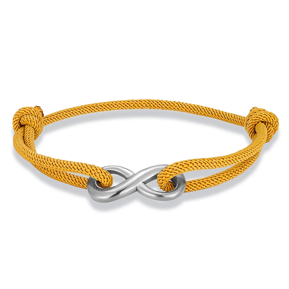 Braided cord bracelet featuring a polished stainless steel infinity symbol, adjustable for comfort.