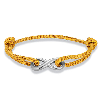 Braided cord bracelet featuring a polished stainless steel infinity symbol, adjustable for comfort.