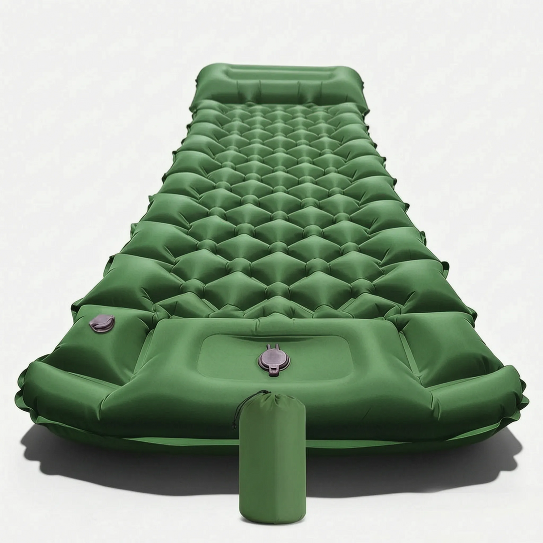 Easy-to-inflate travel sleeping pad with built-in pillow, ensures comfort on camping and hiking adventures.