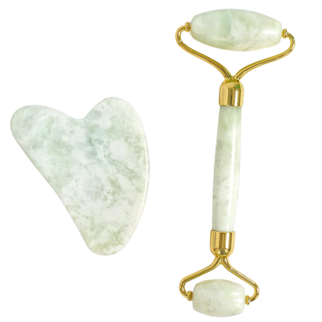 Unisex Instant Glow Gua Sha & Jade Roller Set for effective facial massage, anti-aging & lymphatic drainage.