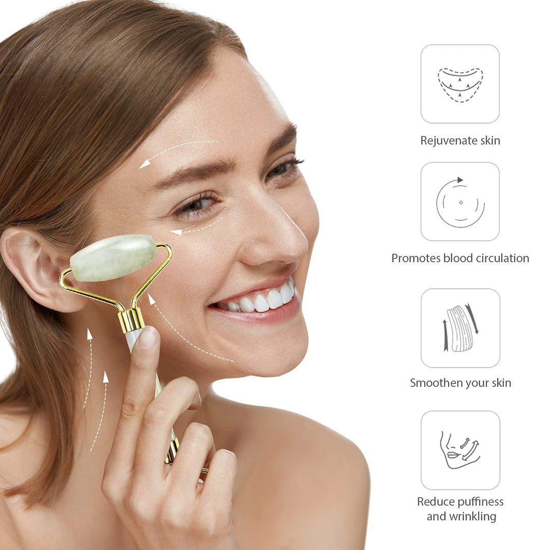 Detoxifying jade roller & Gua Sha set for lymphatic drainage, reduced puffiness & radiant beauty.