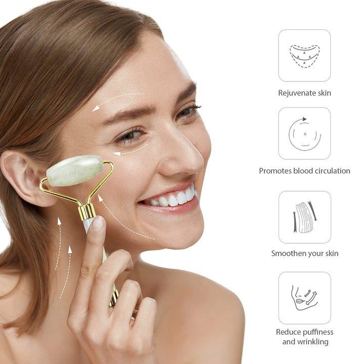 Detoxifying jade roller & Gua Sha set for lymphatic drainage, reduced puffiness & radiant beauty.