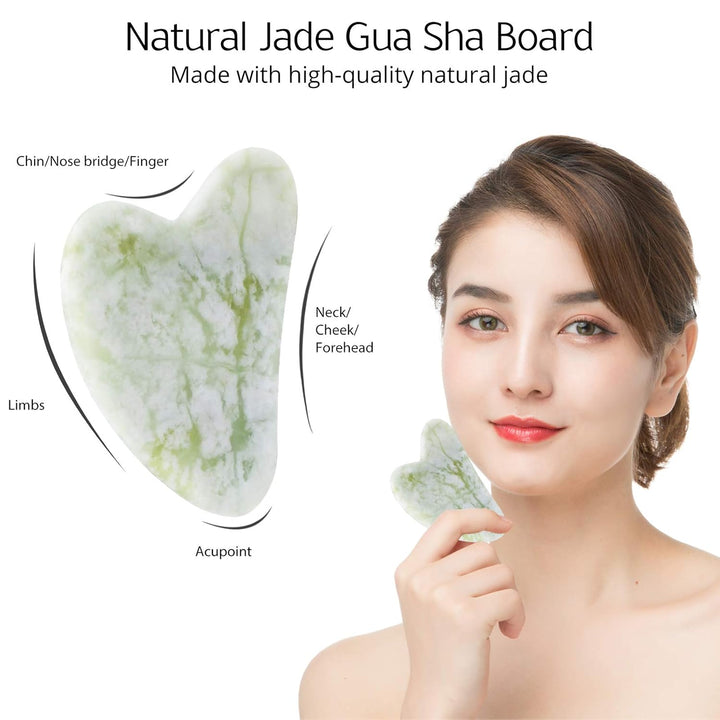 Ergonomic Gua Sha & smooth jade roller for effective anti-aging facial massage & instant glow.